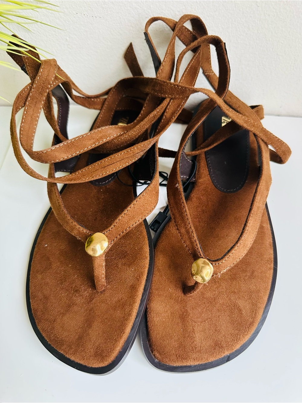 Zara | Leather Suede Brown Lace-Up Thong Sandals
